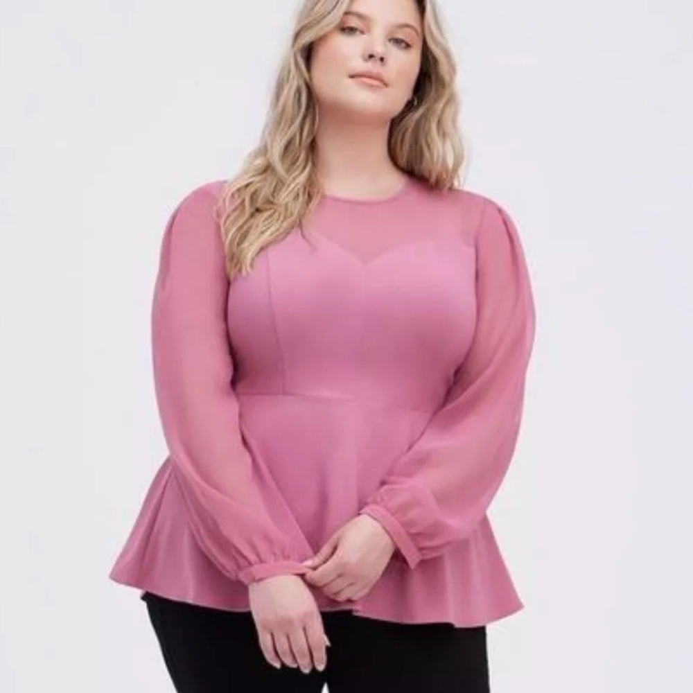 Torrid Pink Peplum Crepe Mesh Inset Top Long Sleeve Blouse Babydoll Size 00 Med